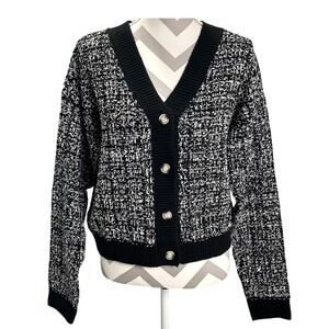 Jessica Simpson Womens XL Cardigan Sweater Black White Knit Button Up V Neck‎